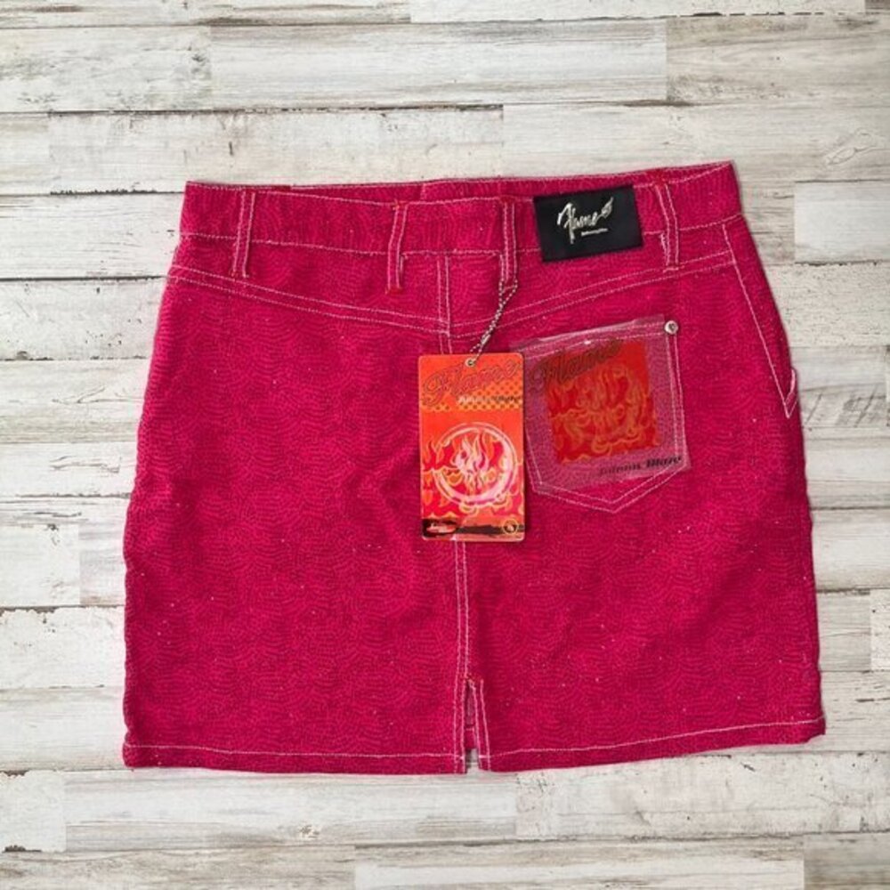 Y2k Johnny Blaze Flame Deadstock Bright Pink Glitter Mini Skirt‎ Womens 9/10